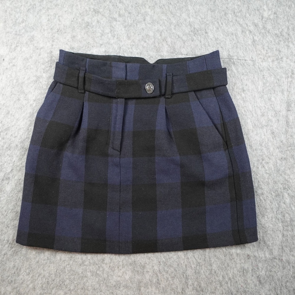 Maje Skirt Women 28" Waist Blue Black Plaid Wool Blend Belted Mini Pleated ALine
